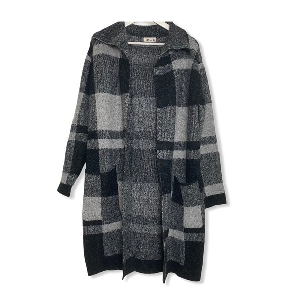 Tris Designs Jackets & Blazers - Knit Plaid Checked Oversize Collared Cardigan Coat